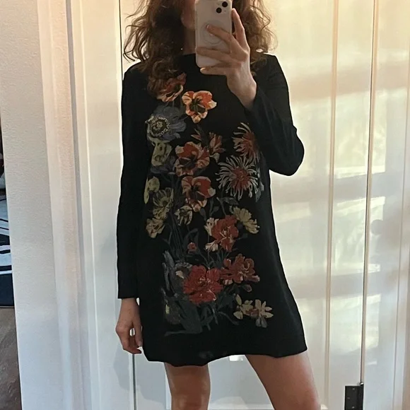 Zara szM black sparkling floral shift raw hem and cuffs - Picture 11 of 11